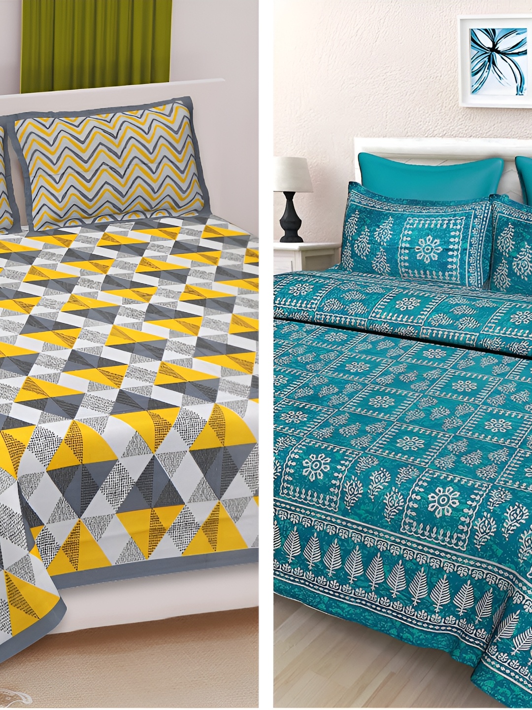 

Sohibe Blue & Yellow Cotton 2 Bed Covers & 4 Pillow Covers