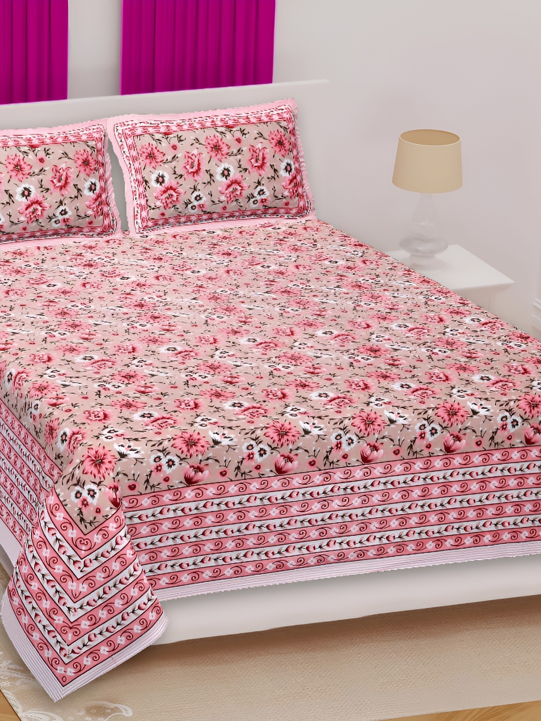 

Sohibe Pink Floral Printed Pure Cotton King Size Bed Cover With 2 Pillow Covers