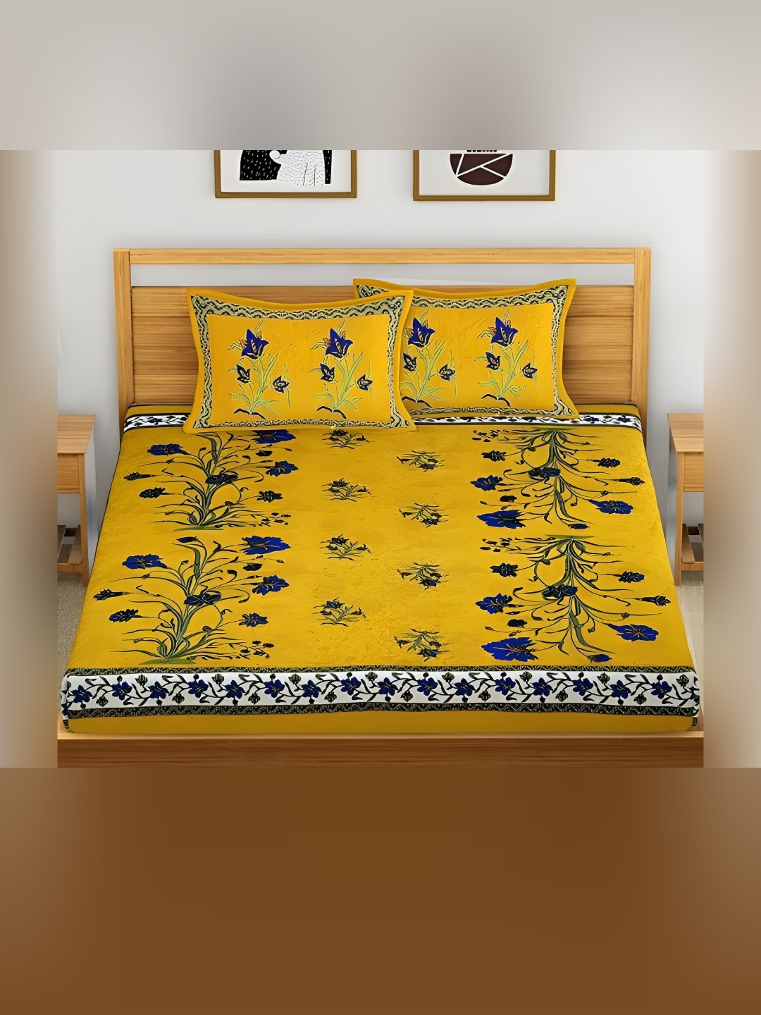 

Sohibe Yellow Floral Printed Pure Cotton King Size Bed Cover With Pillow Cover