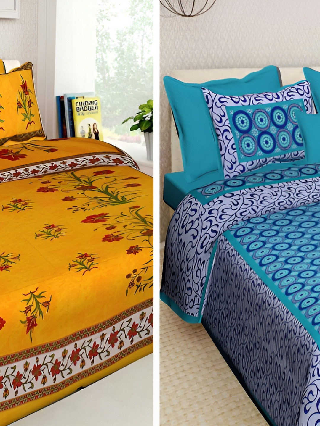 

Sohibe Blue & Yellow Cotton 2 Bed Covers & 4 Pillow Covers, Green