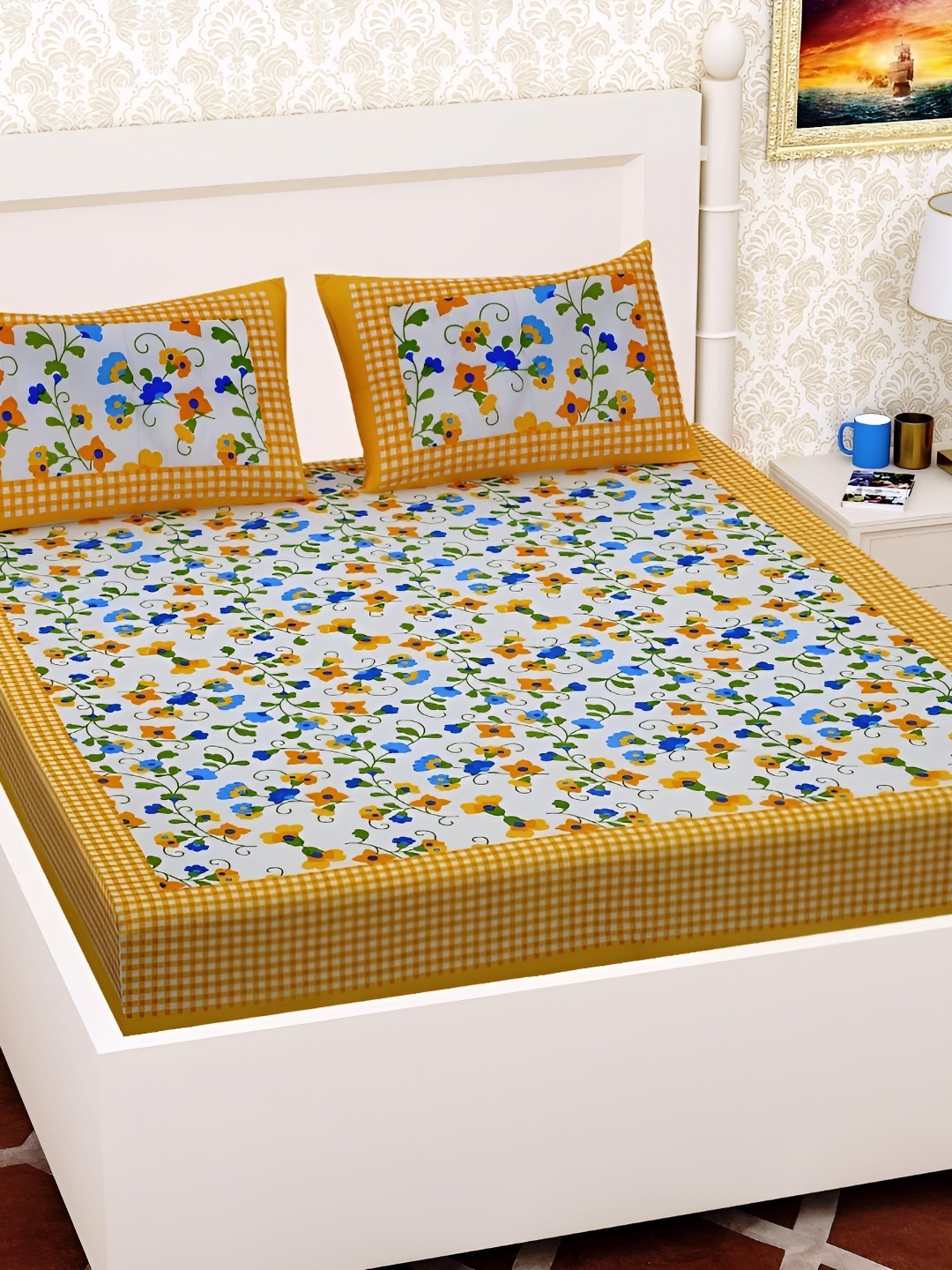 

Sohibe White Floral Printed Pure Cotton King Size Bed Cover With Pillow Cover
