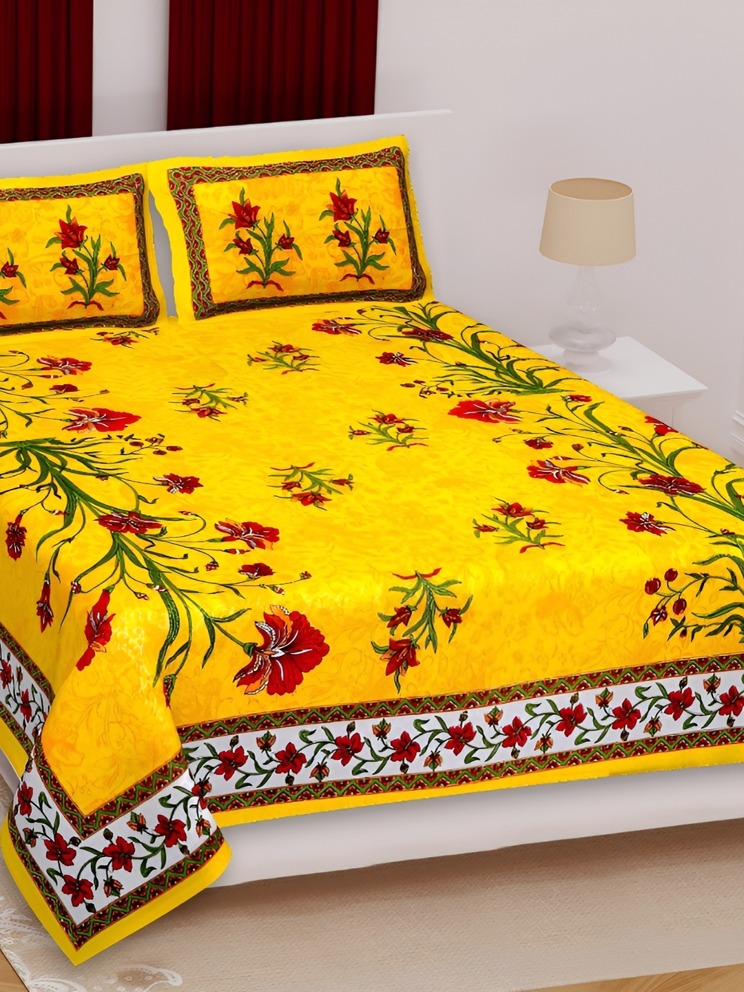 

Sohibe Yellow Floral Printed Pure Cotton King Size Bed Cover With Pillow Cover