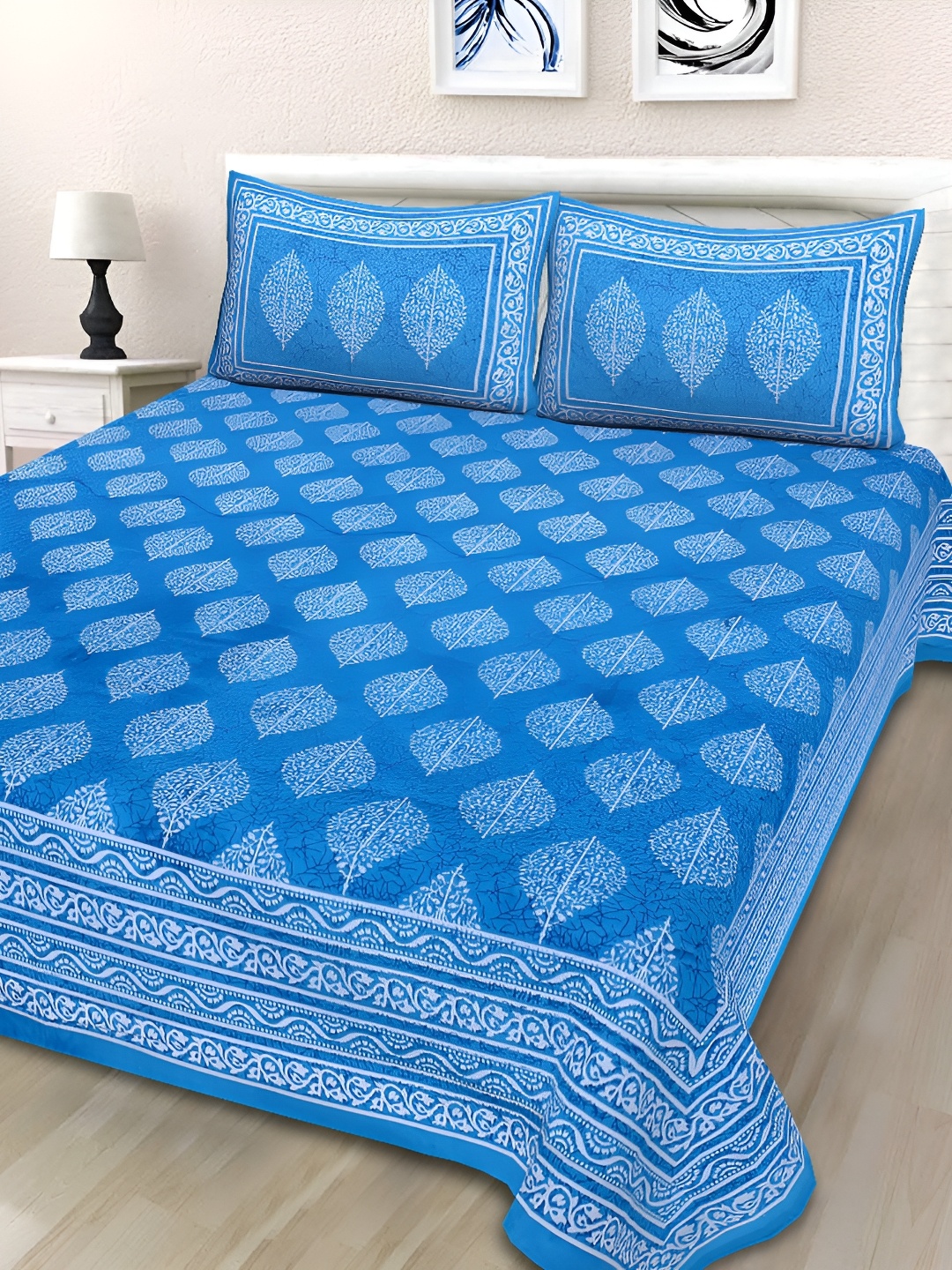 

Sohibe Blue Ethnic Motif Printed Pure Cotton King Size Bed Cover With Pillow Cover