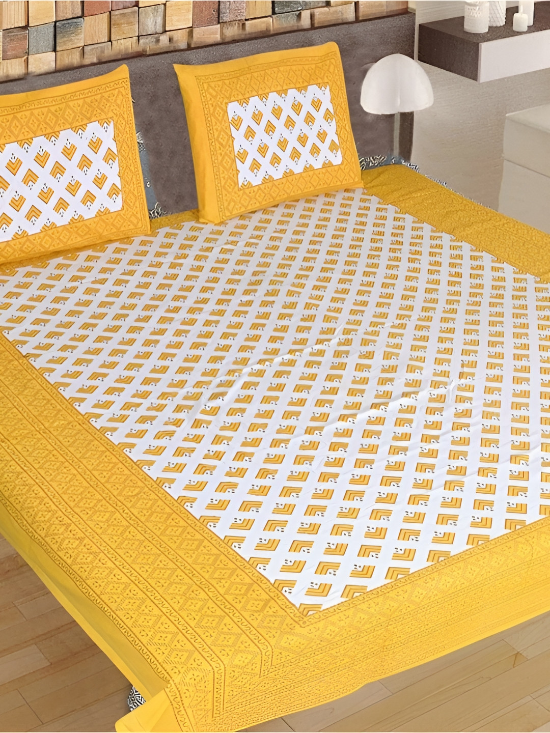 

Sohibe Yellow Ethnic Motif Printed Pure Cotton King Size Bed Cover With Pillow Cover