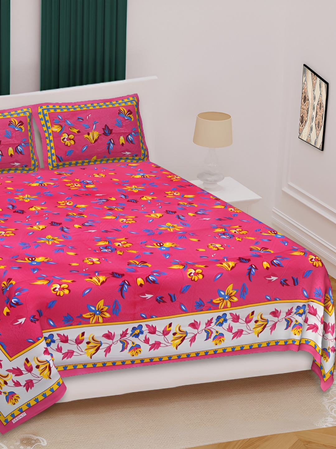 

Sohibe Pink Floral Printed Pure Cotton King Size Bed cover with 2 Pillow covers