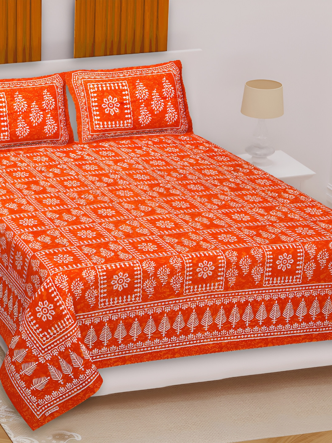 

Sohibe Orange-Coloured Ethnic Motif Printed Pure Cotton King Size Bed Cover & Pillow Cover