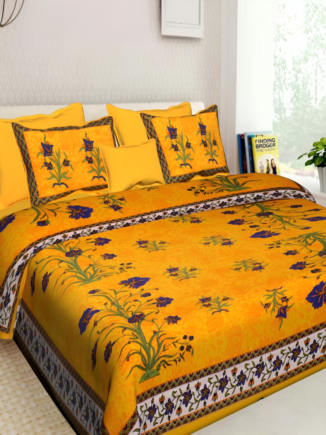 

Sohibe Yellow Floral Printed Pure Cotton King Size Bed cover with 2 Pillow covers
