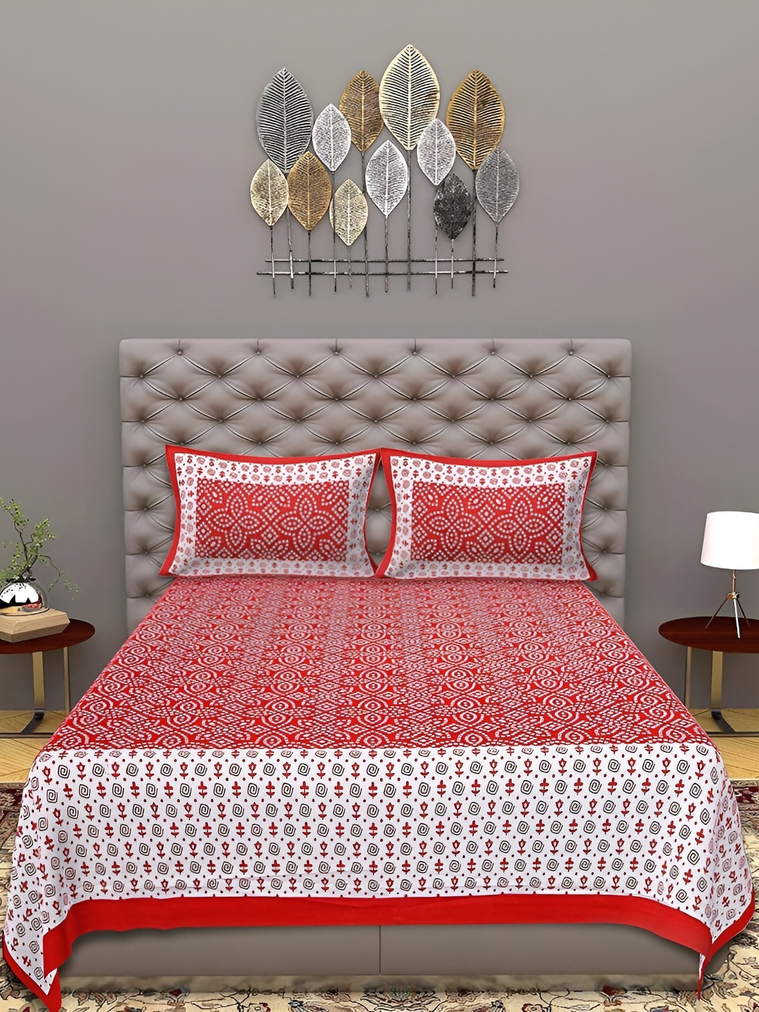 

Sohibe Red Ethnic Motif Printed Pure Cotton King Size Bed Cover With 2 Pillow Cover