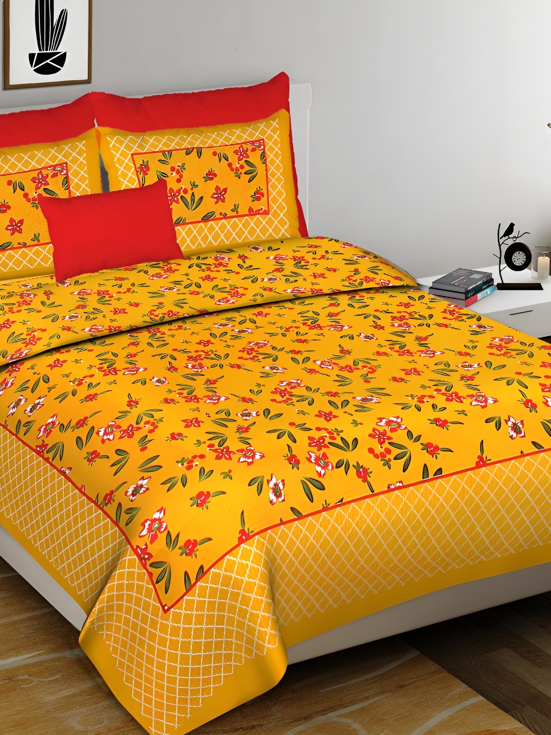 

Sohibe Yellow Floral Printed Pure Cotton King Size Bed cover with 2 Pillow covers