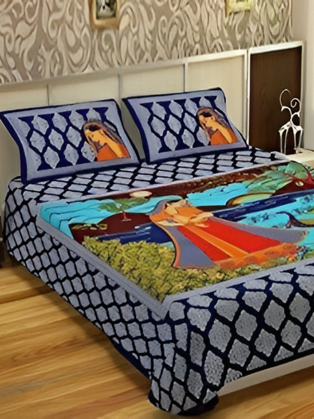 

Sohibe Blue Ethnic Motif Printed Pure Cotton King Size Bed Cover With Pillow Cover