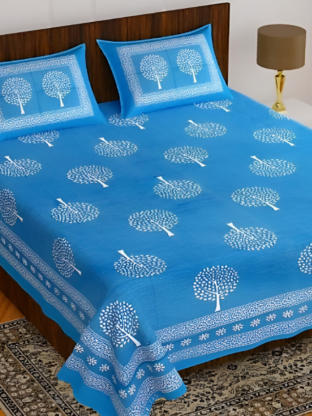 

Sohibe Blue Ethnic Motif Printed Pure Cotton King Size Bed Cover With Pillow Cover