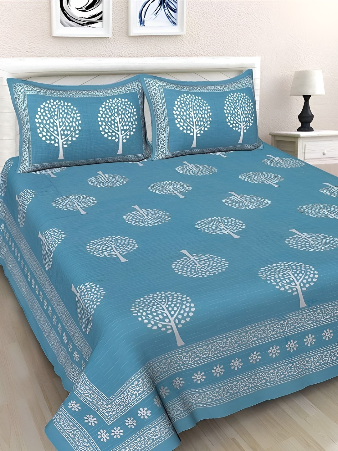 

Sohibe Blue Ethnic Motif Printed Pure Cotton King Size Bed Cover With Pillow Cover