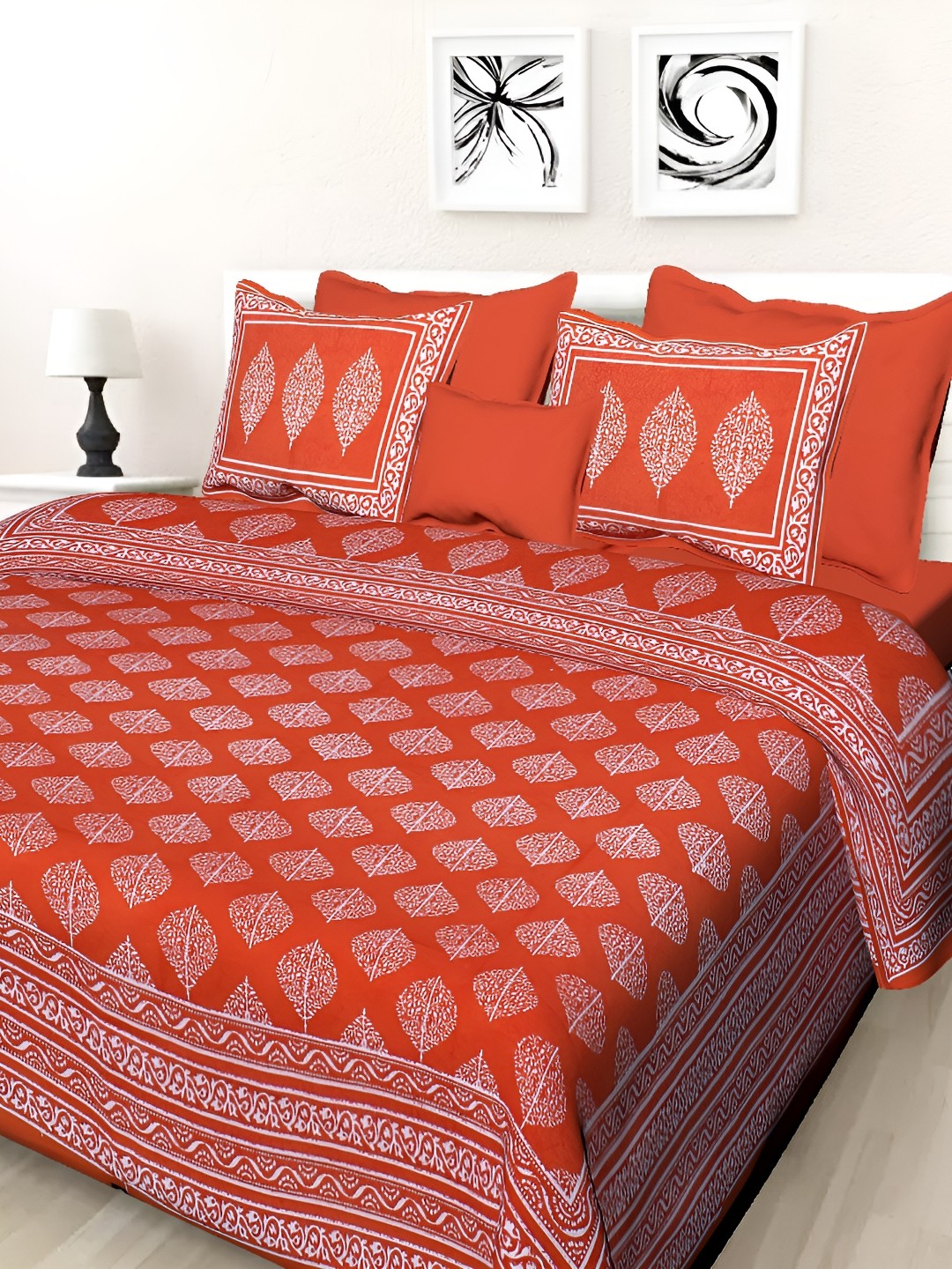

Sohibe Orange-Coloured Ethnic Motif Printed Pure Cotton King Size Bed Cover & Pillow Cover