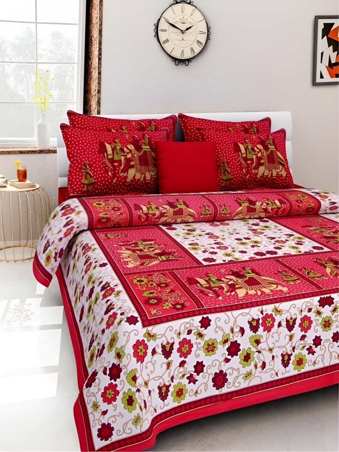 

Sohibe Red Floral Printed Pure Cotton King Size Bed cover with 2 Pillow covers