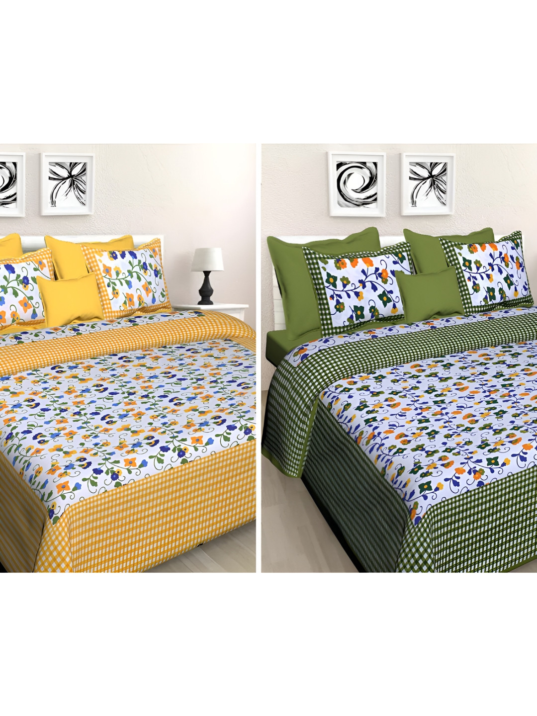 

Sohibe Olive & Yellow Cotton 2 Bed Covers & 4 Pillow Covers