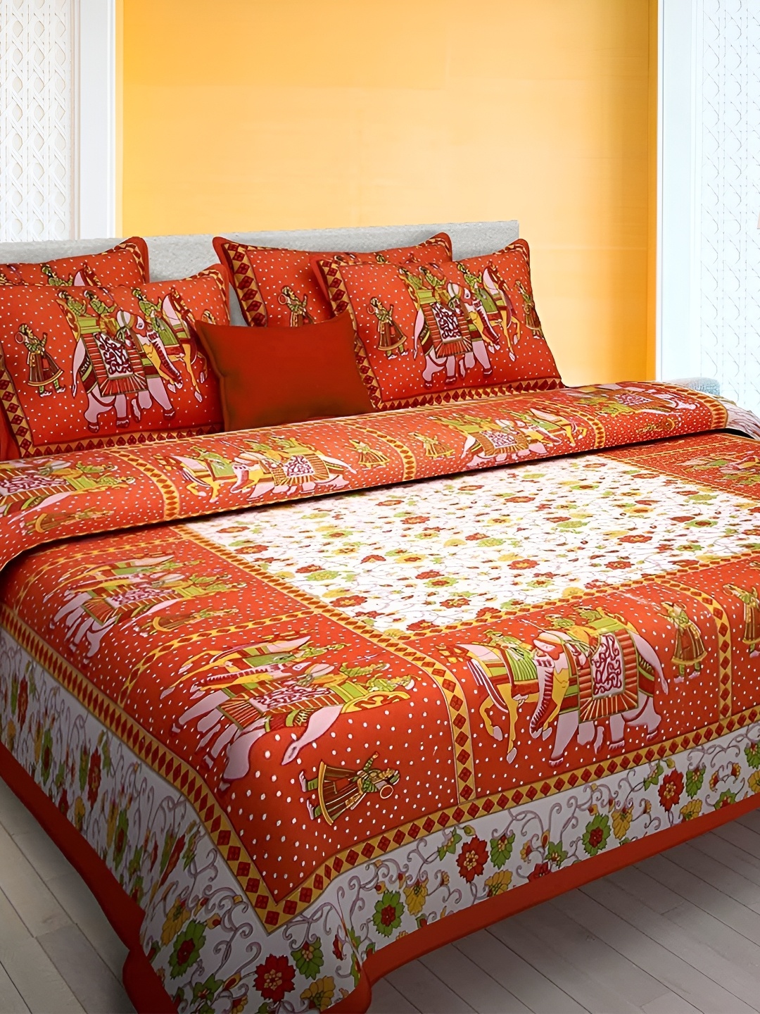 

Sohibe Red Ethnic Motif Printed Pure Cotton King Size Bed Cover With Pillow Cover