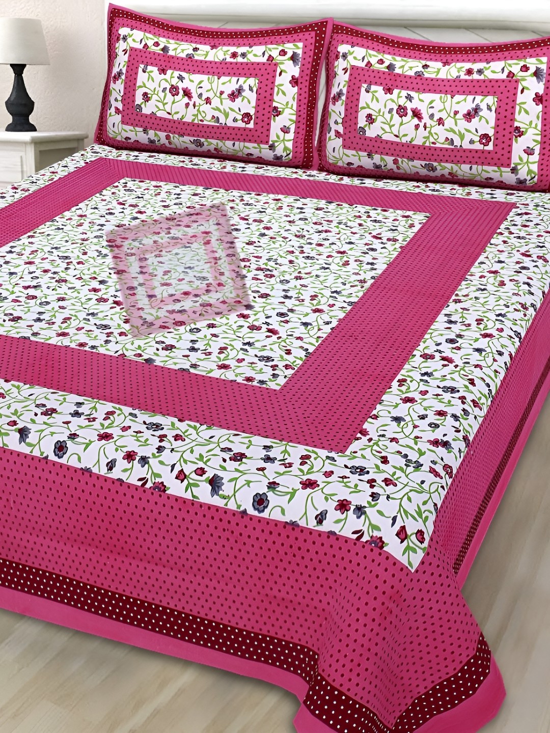 

Sohibe Pink Printed Pure Cotton King Size Bed Cover With Pillow Cover