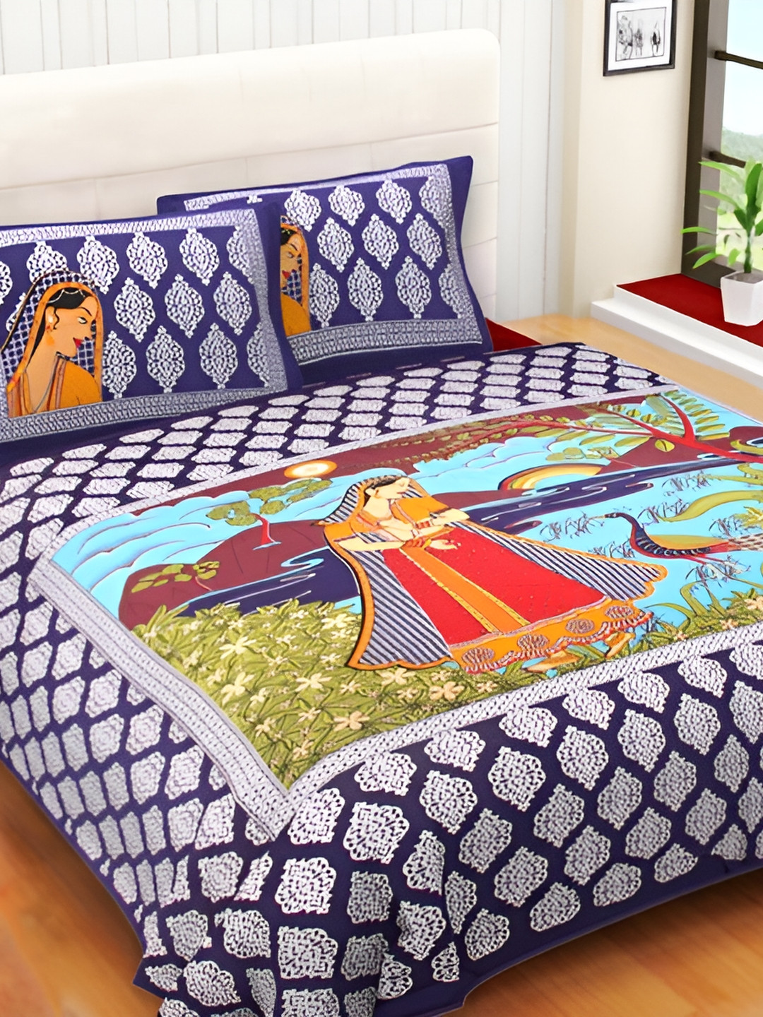 

Sohibe Blue Ethnic Motif Printed Pure Cotton King Size Bed Cover With Pillow Cover