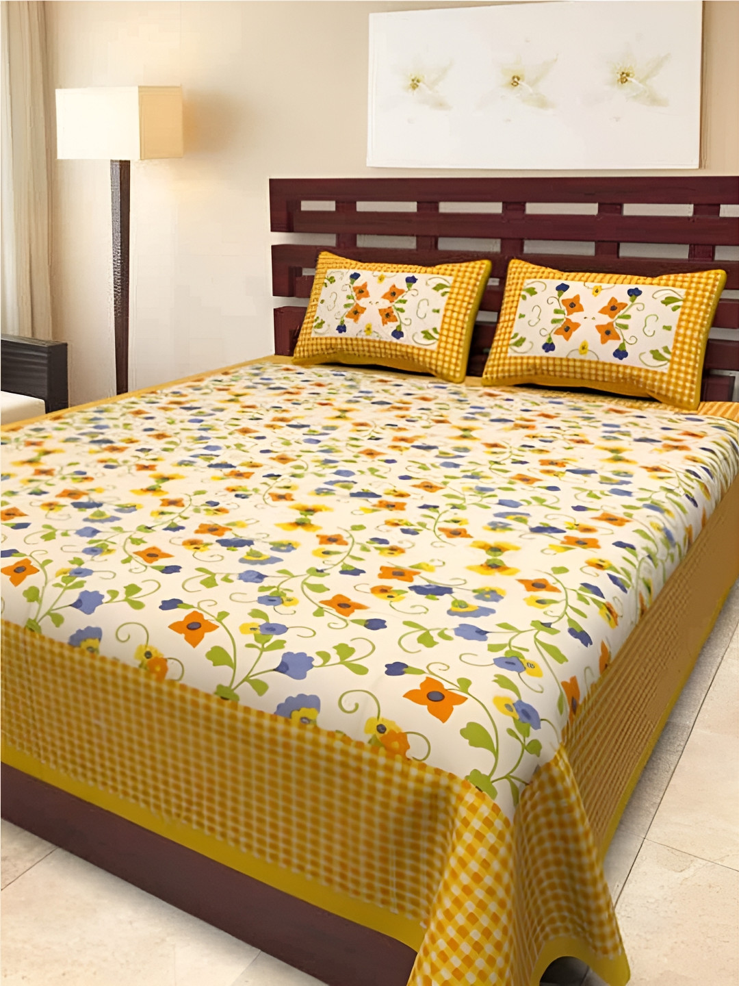 

Sohibe Orange-Colored Floral Printed Pure Cotton King Size Bed cover with 2 Pillow covers