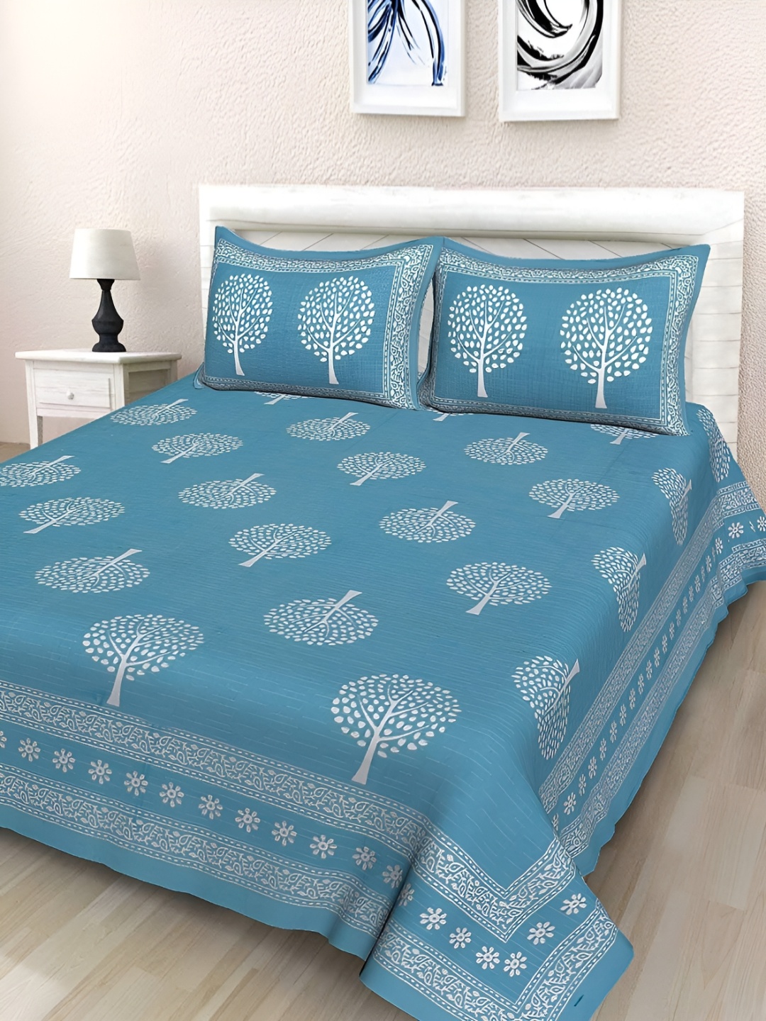 

Sohibe Blue Ethnic Motif Printed Pure Cotton King Size Bed Cover With Pillow Cover
