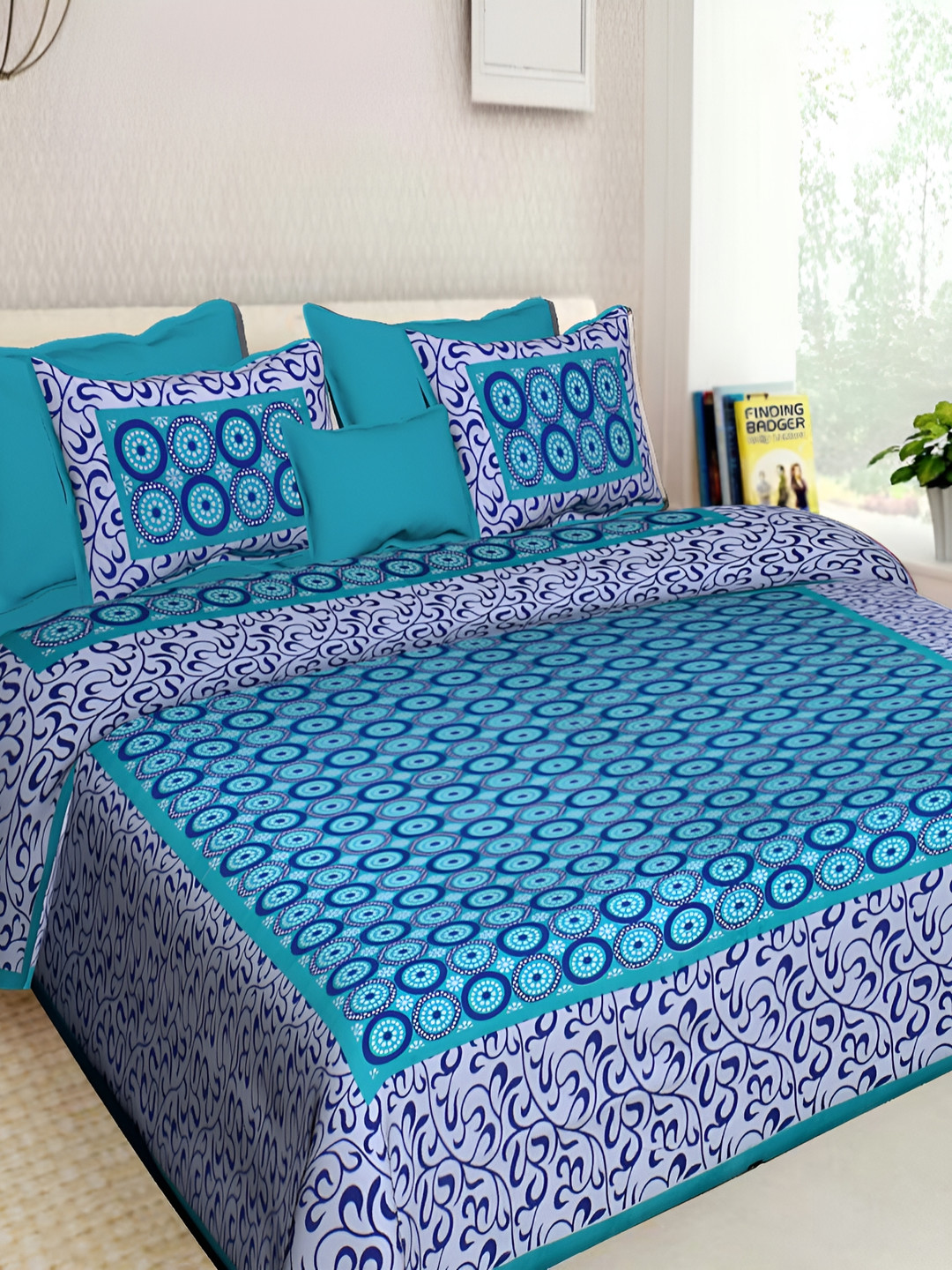 

Sohibe Blue Floral Printed Pure Cotton King Size Bed Cover With Pillow Cover