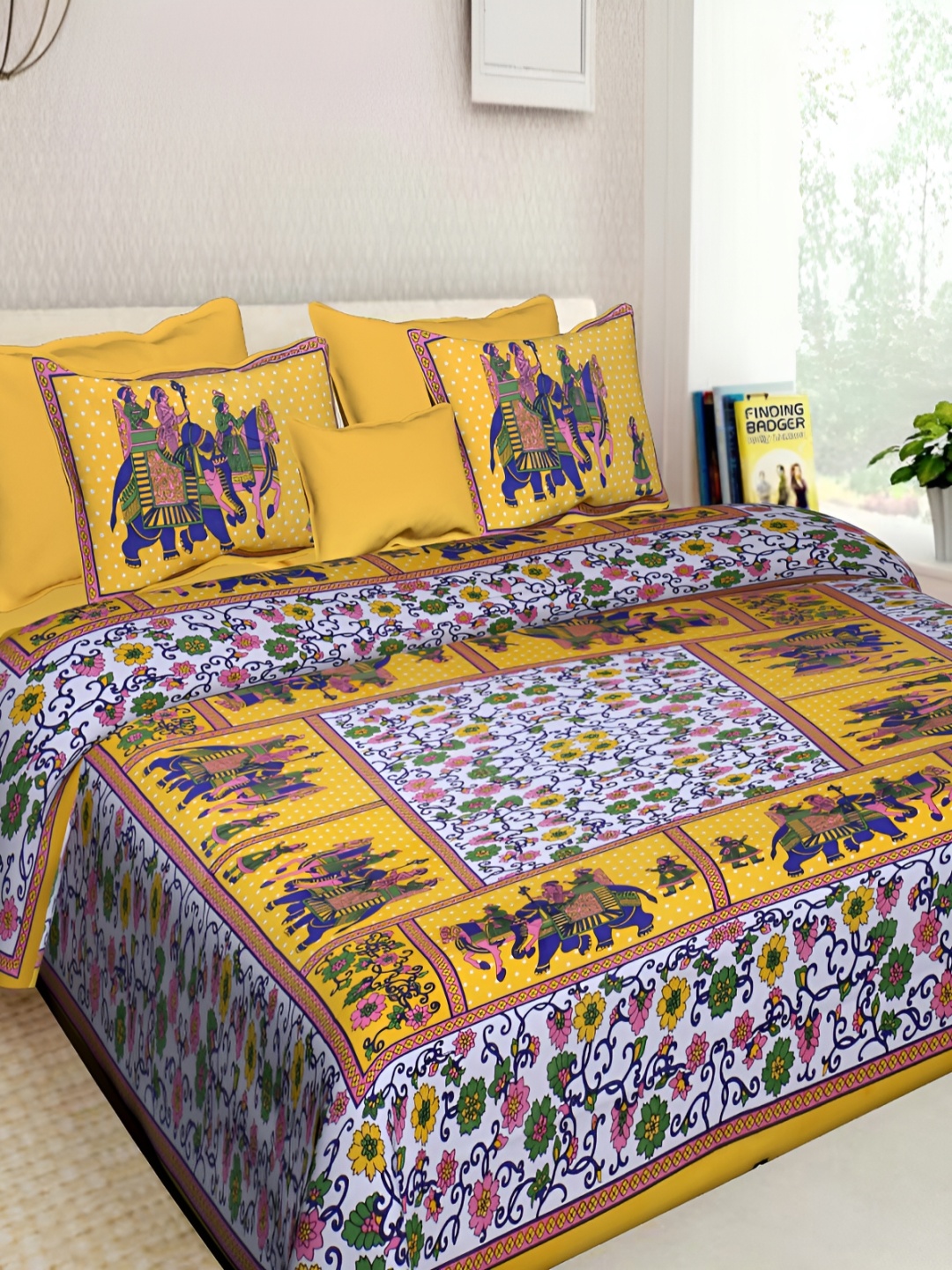 

Sohibe Yellow Ethnic Motif Printed Pure Cotton King Size Bed cover with 2 Pillow covers