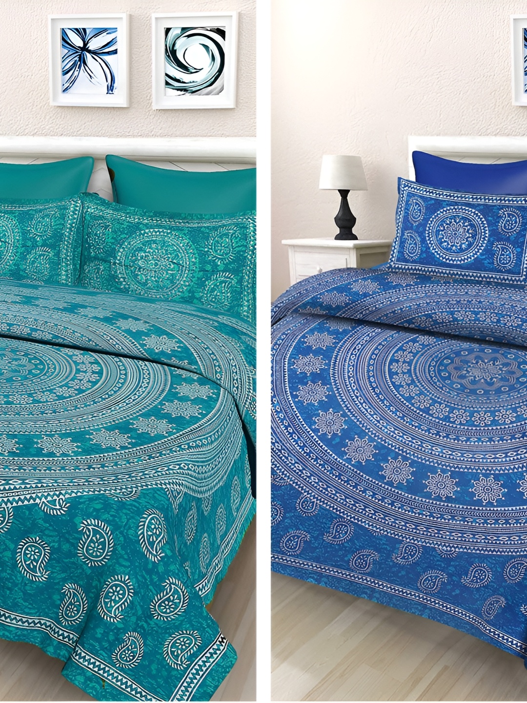 

Sohibe Blue & Green Cotton 2 Bed Covers & 4 Pillow Covers, Multi