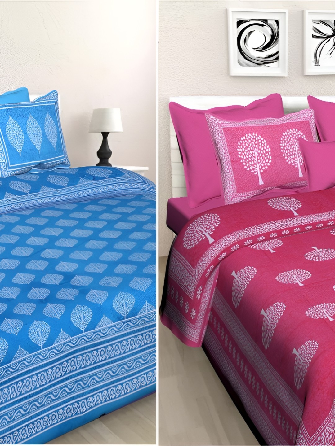 

Sohibe Blue & Pink Cotton 2 Bed Covers & 4 Pillow Covers