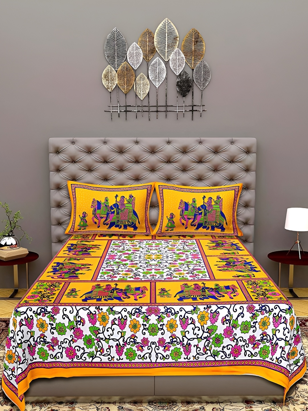 

Sohibe Yellow Ethnic Motif Printed Pure Cotton Queen Size Bed Cover With Pillow Cover
