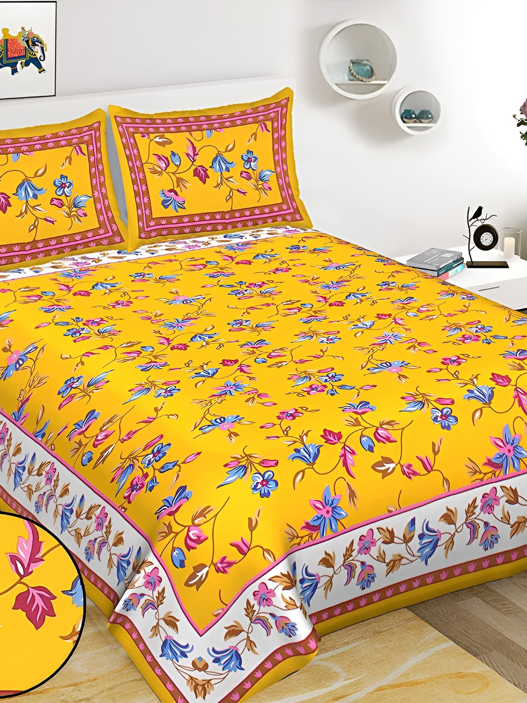 

Sohibe Yellow Cotton Bed cover with 2 Pillow covers