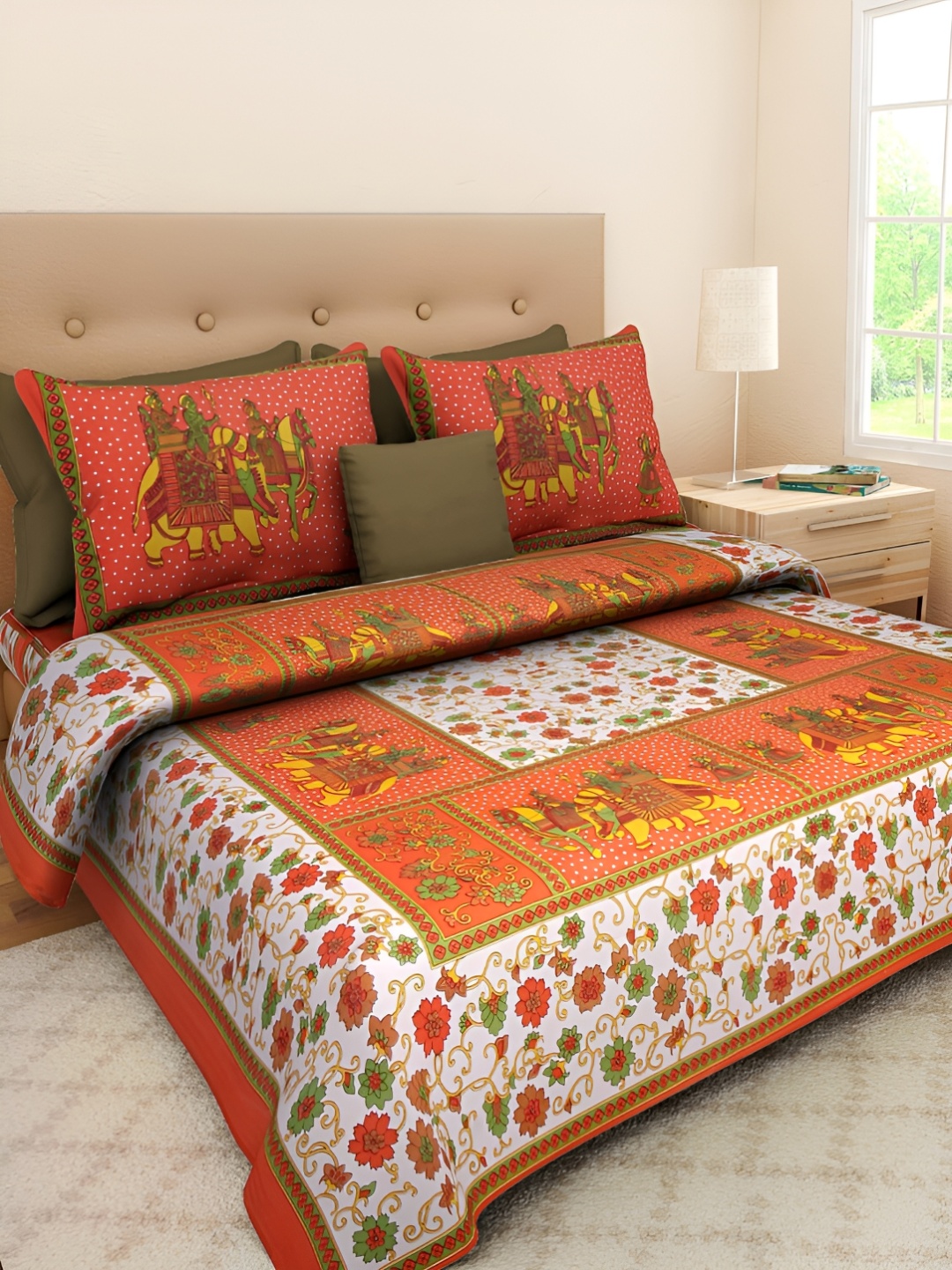 

Sohibe Orange Cotton Bed cover with 2 Pillow covers