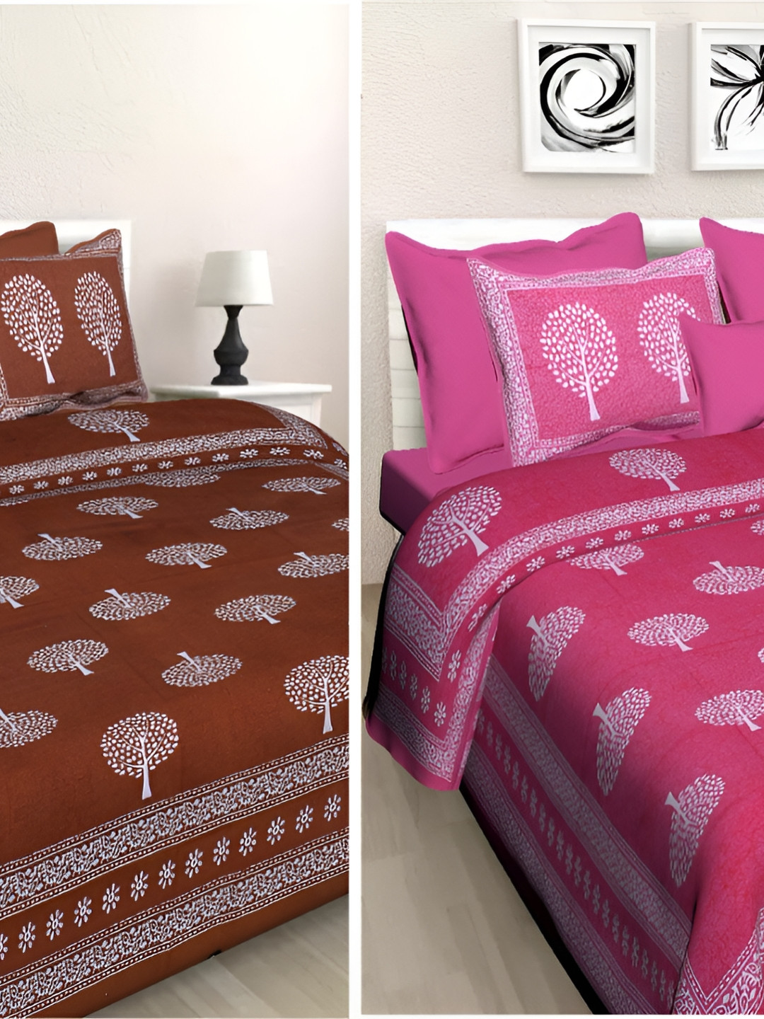 

Sohibe Brown & Pink Cotton 2 Bed Covers & 4 Pillow Covers, Multi