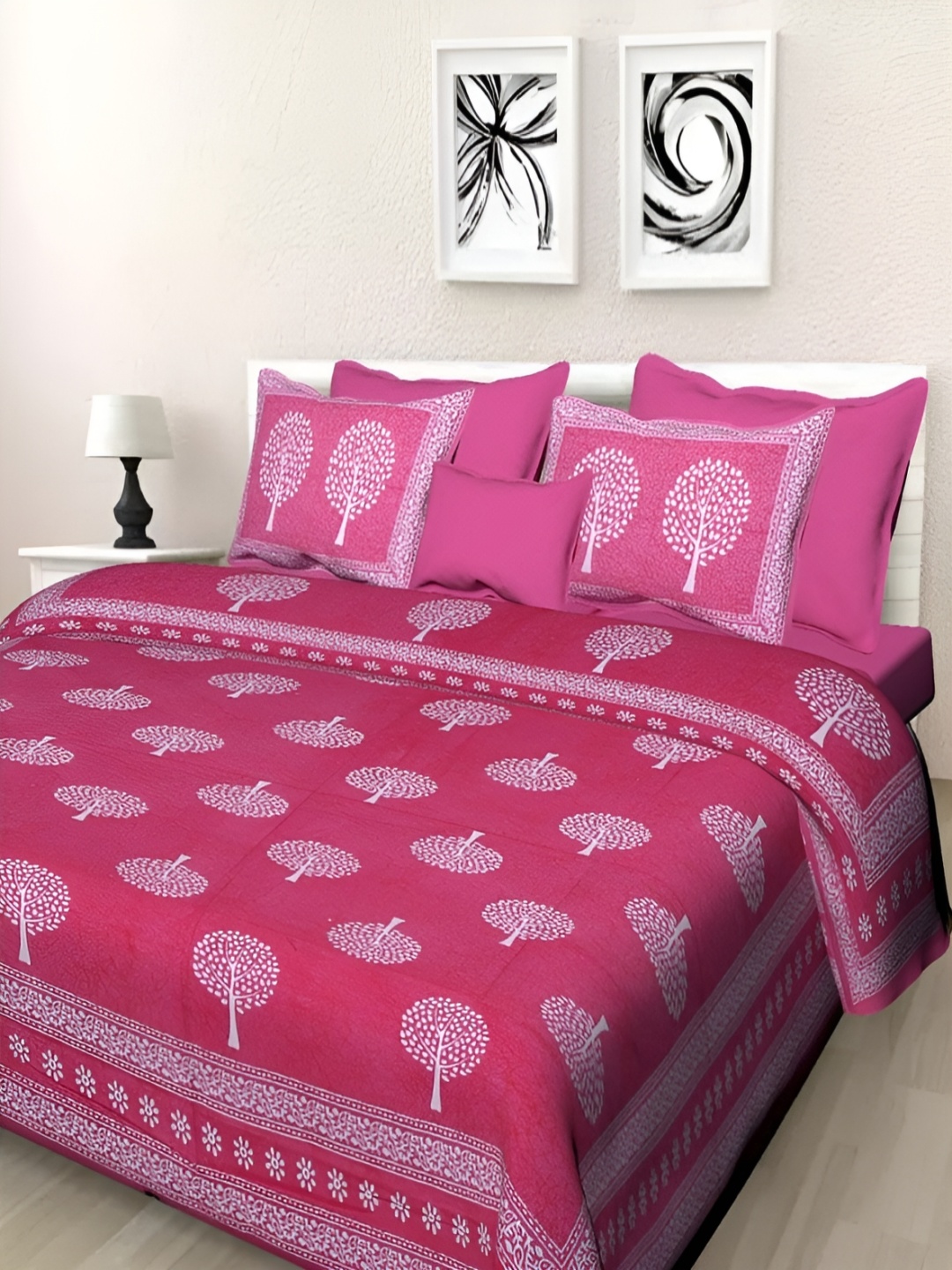 

Sohibe Pink Ethnic Motif Printed Pure Cotton King Size Bed Cover With Pillow Cover