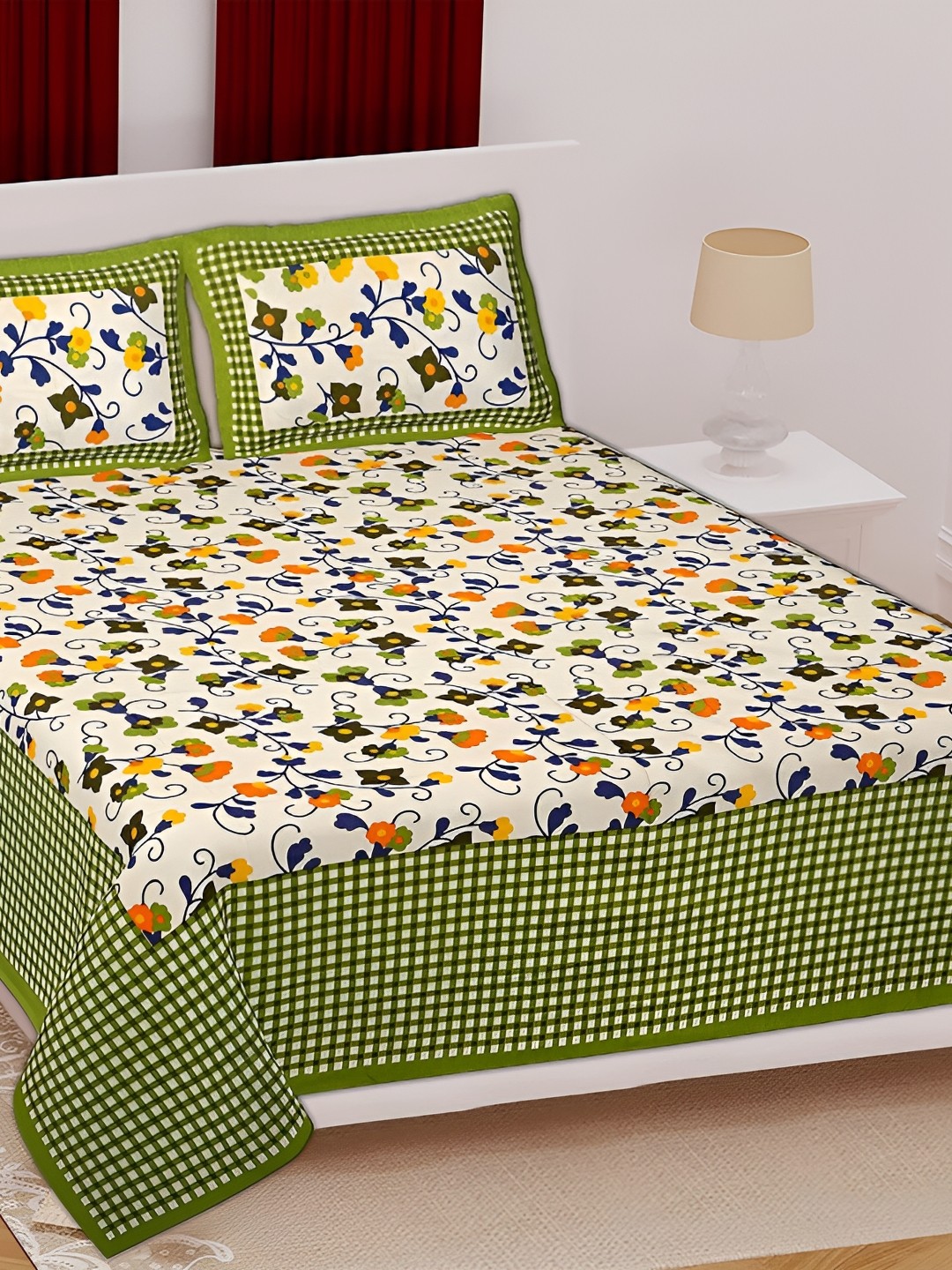 

Sohibe Green Floral Printed Pure Cotton King Size Bed cover with 2 Pillow covers