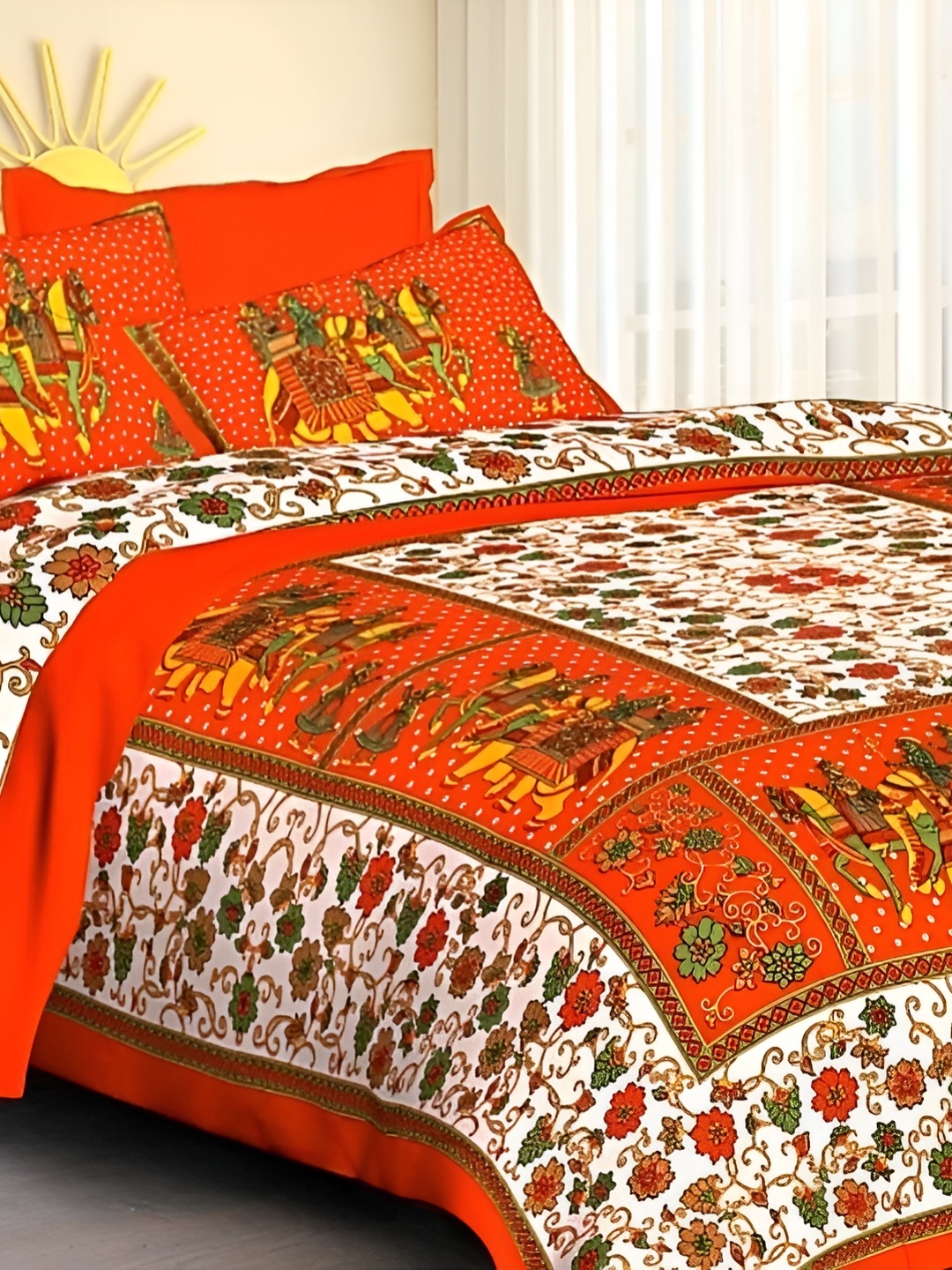 

Sohibe Orange-Coloured Cotton Bed cover with 2 Pillow covers