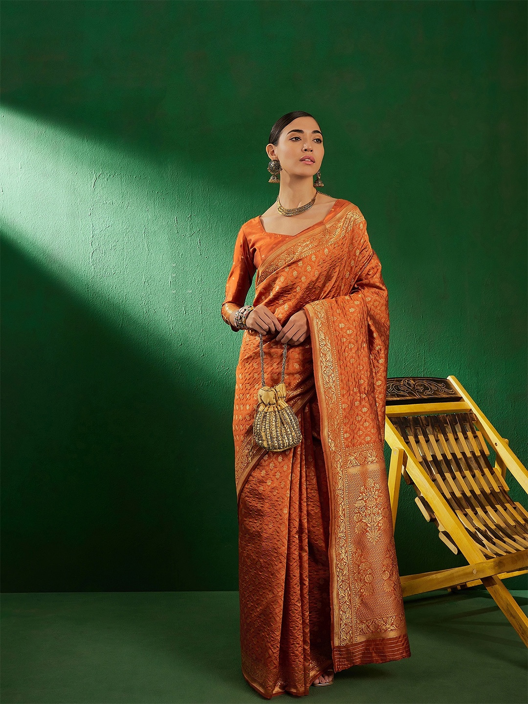 

Sangria Ethnic Motifs Woven-Design Banarasi Silk Saree, Orange