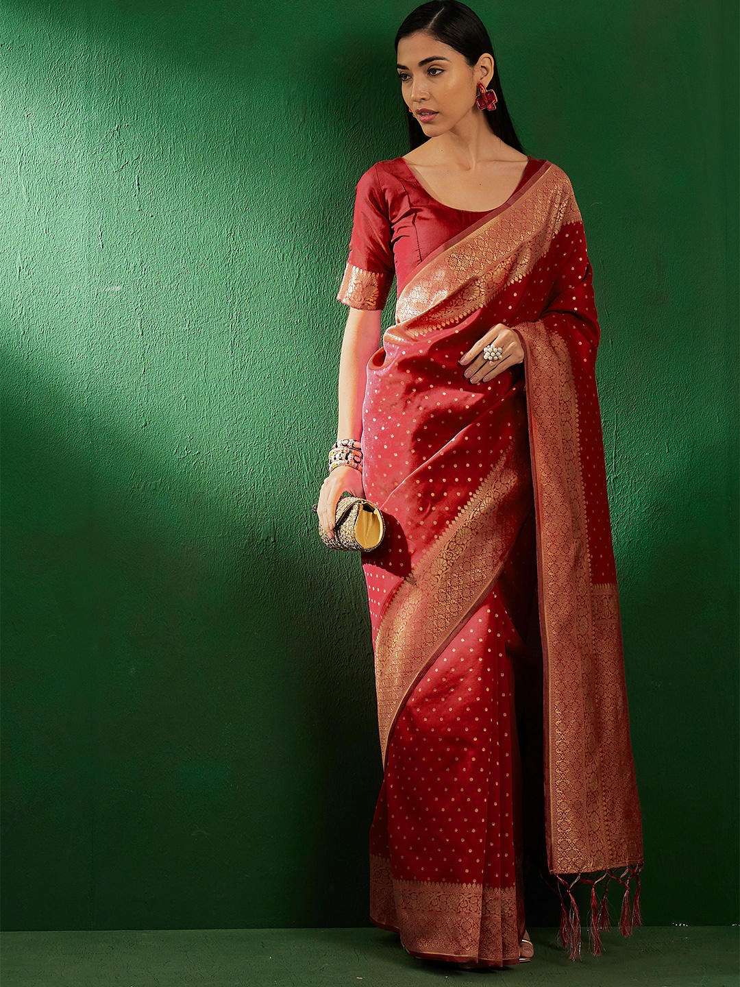 

Sangria Ethnic Motifs Woven-Design Banarasi Silk Saree, Maroon