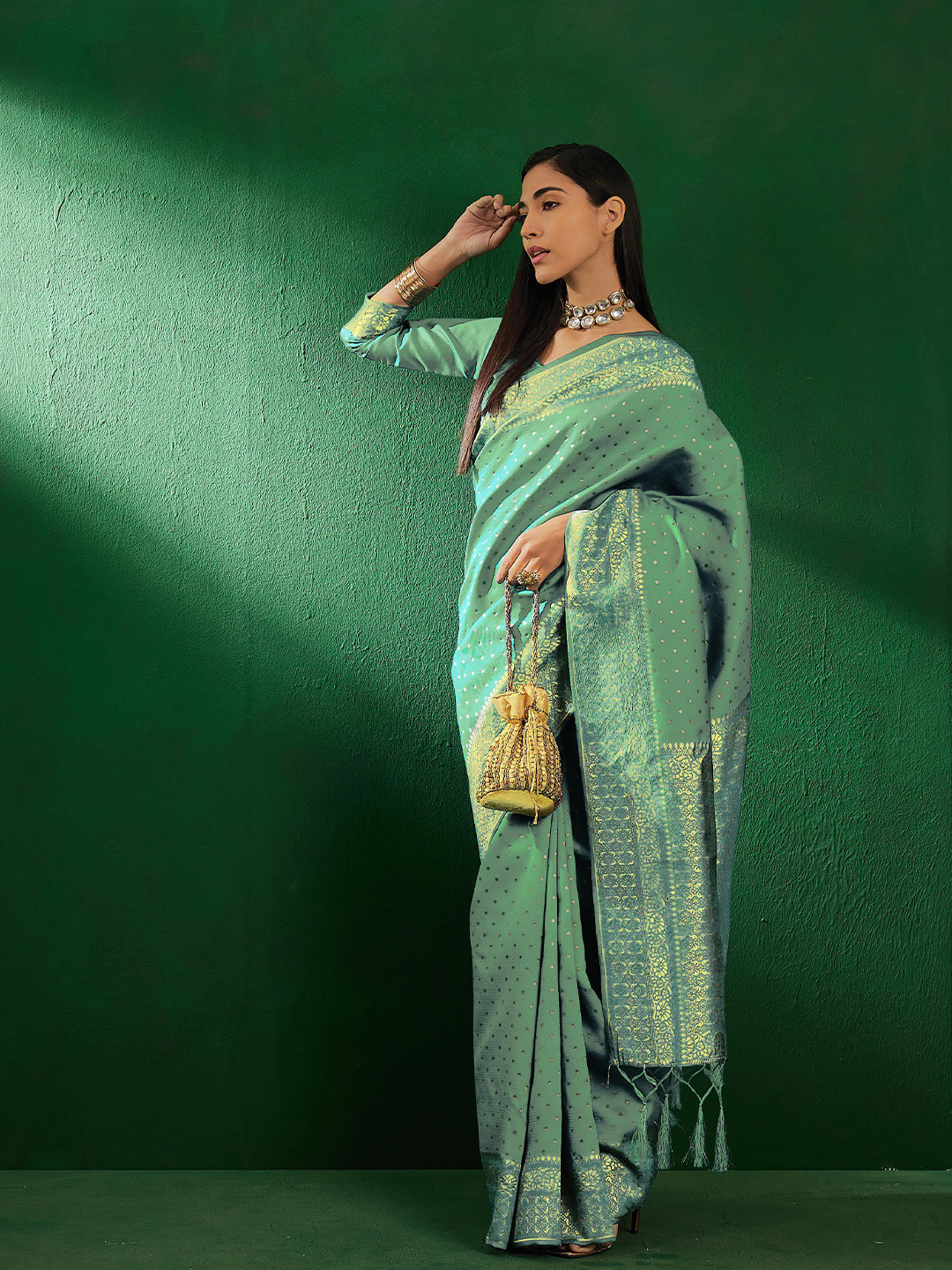 

Sangria Ethnic Motifs Woven-Design Banarasi Silk Saree, Green