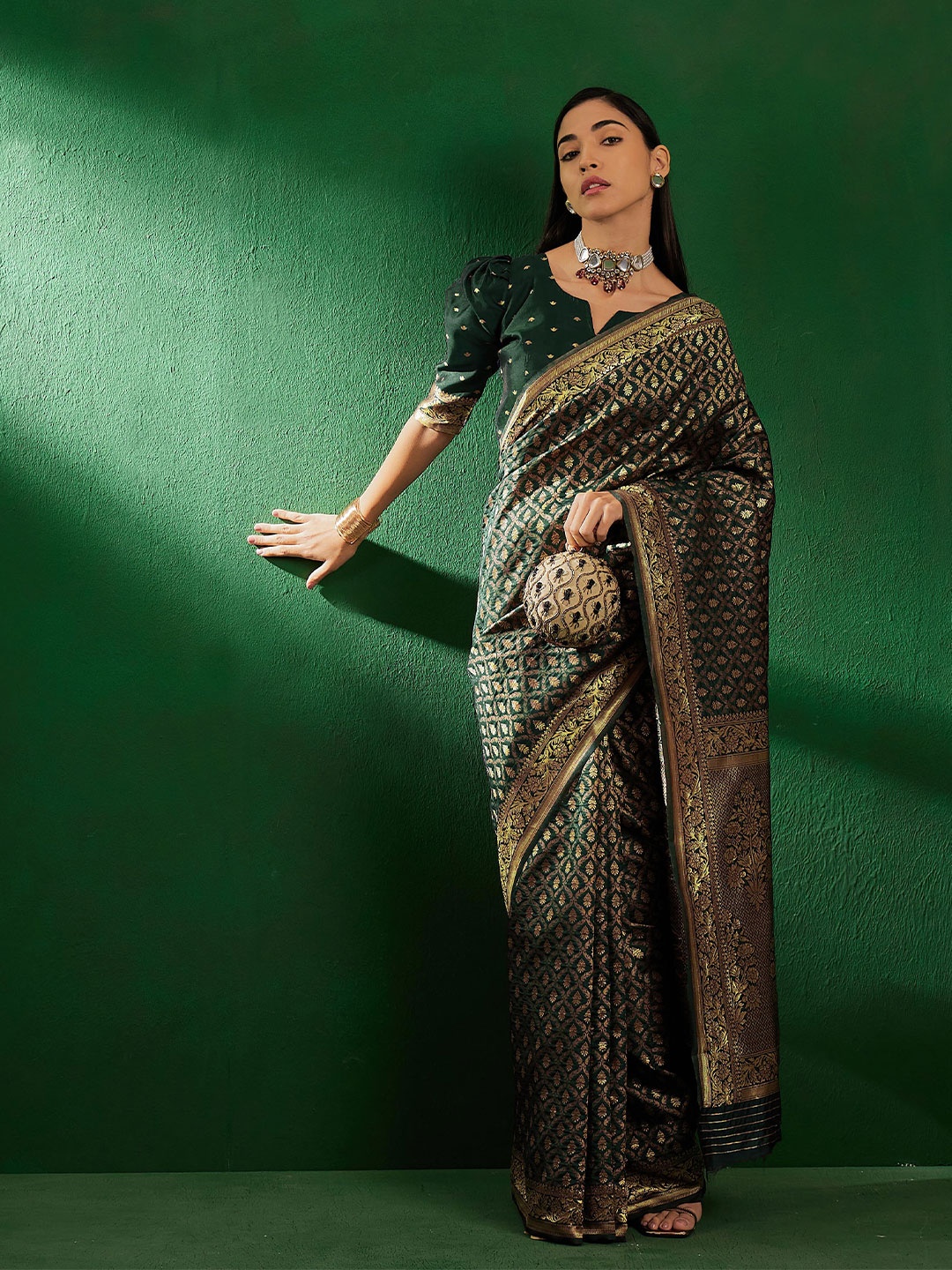 

Sangria Green Ethnic Motifs Woven Design Zari Banarasi Saree