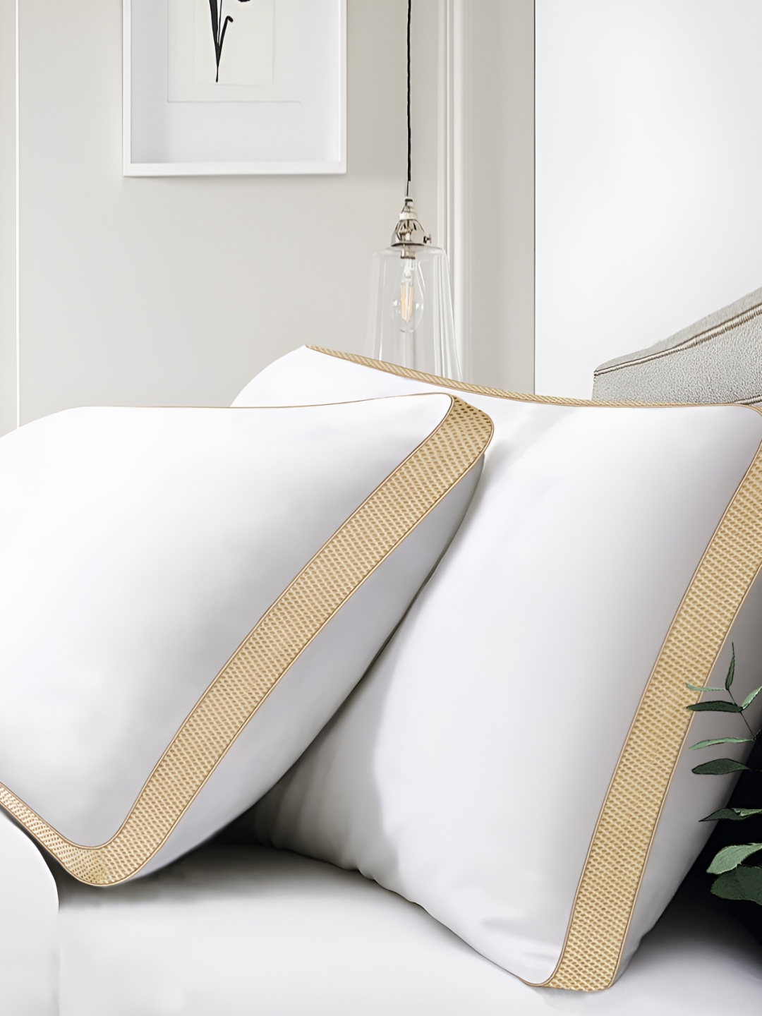 

Homerz Set of 2 White & Gold Toned Microfiber Lightweight Sleep Pillows