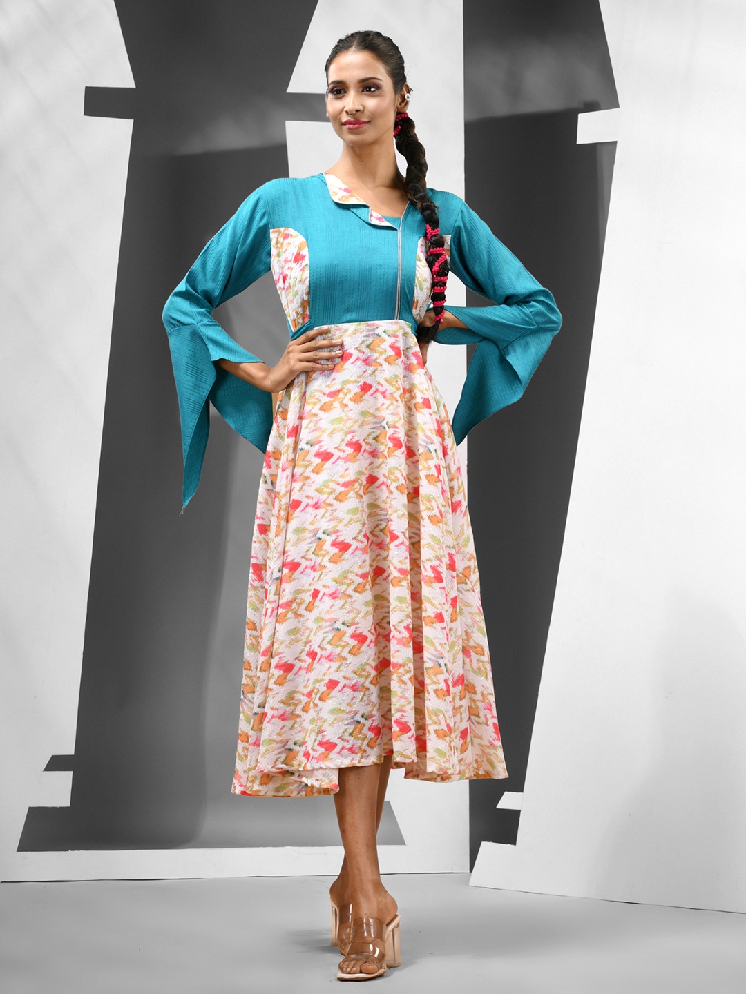 

Charukriti Geometric Printed Asymmetric Neck Slit Sleeves Midi A-Line Ethnic Dress, Turquoise blue