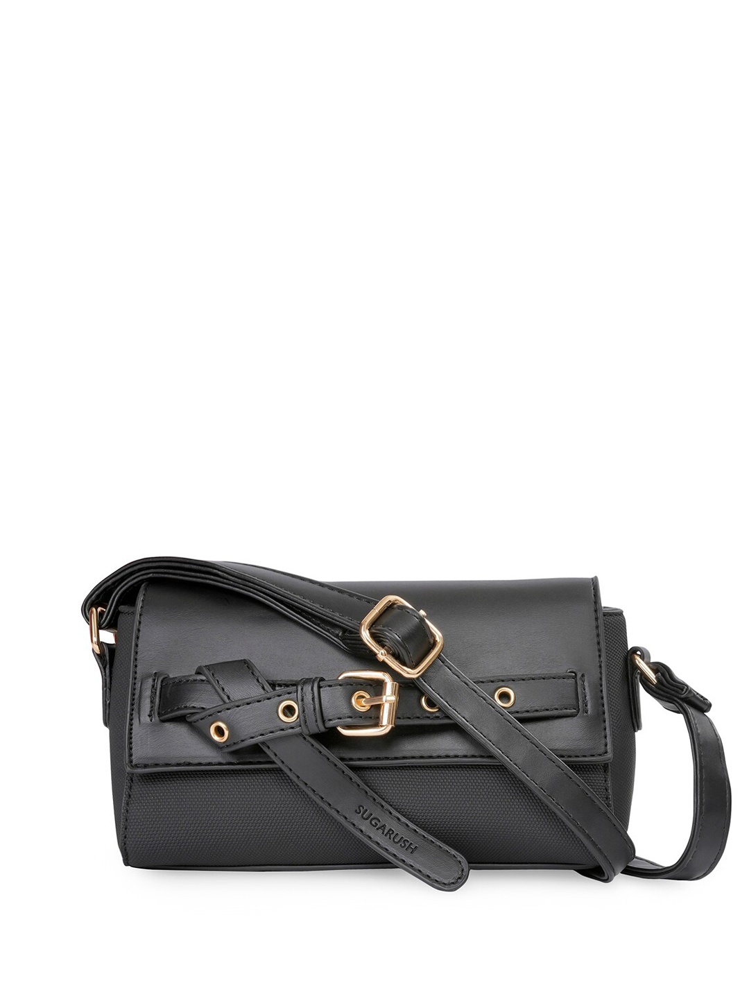 

Sugarush PU Structured Sling Bag with Cut Work, Black