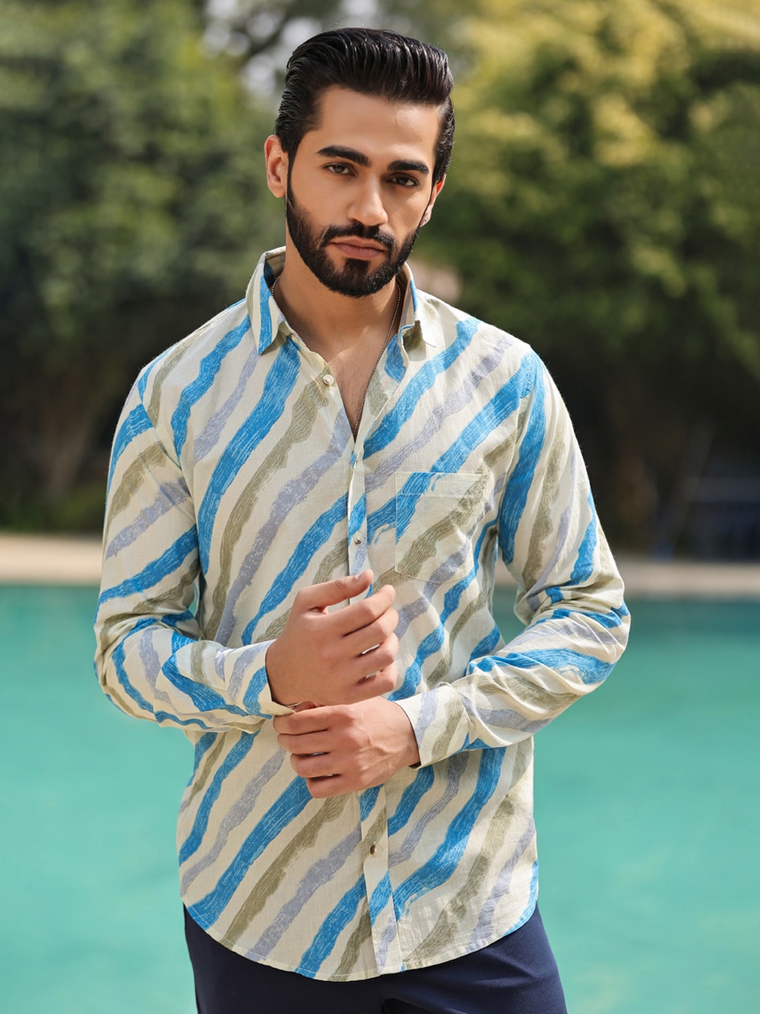 

SANSKRUTIHOMES Straight Horizontal Striped Cotton Casual Shirt, Cream