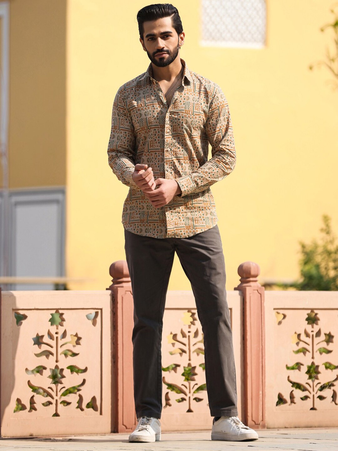

SANSKRUTIHOMES Straight Tribal Printed Cotton Casual Shirt, Beige