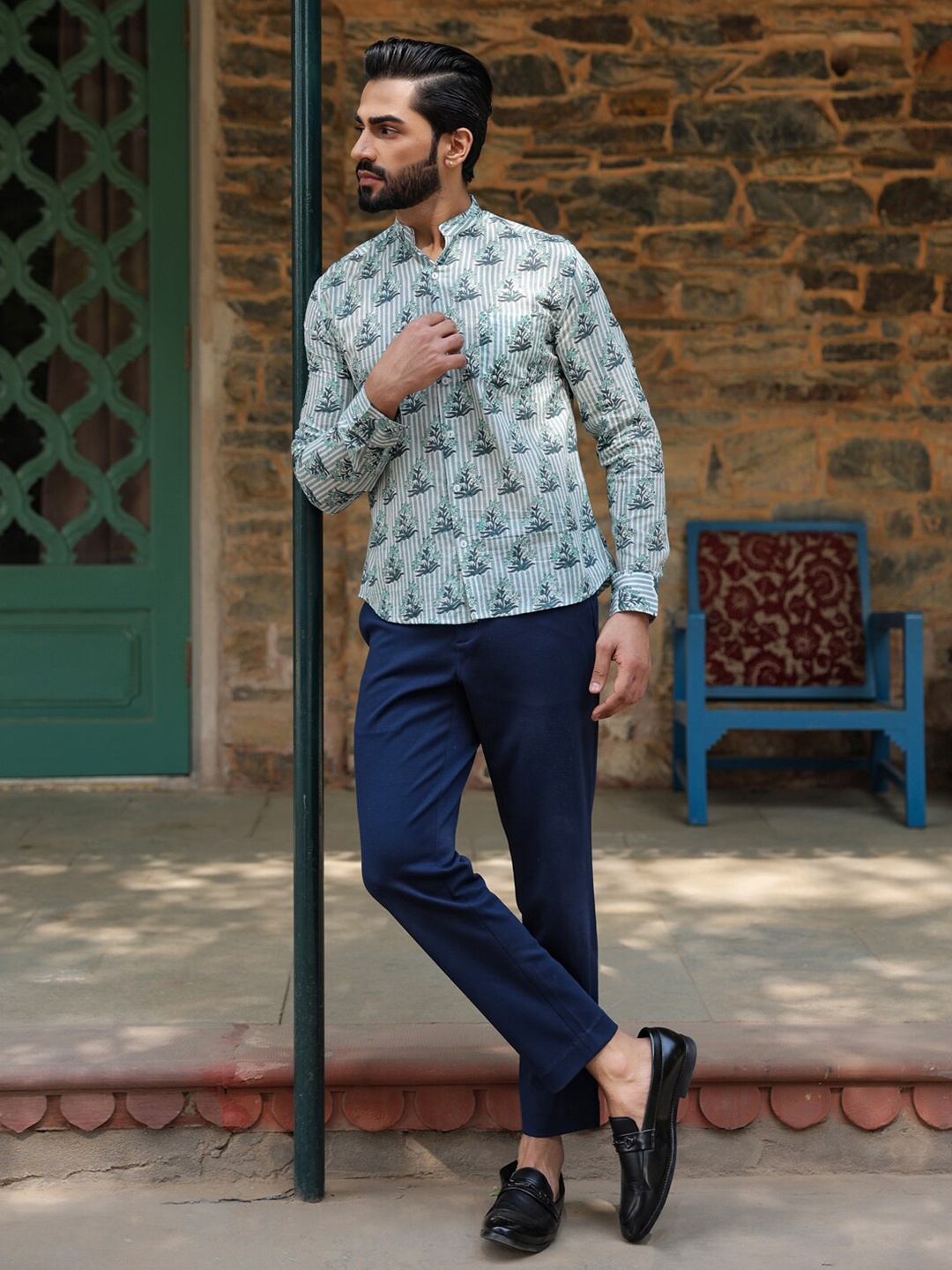 

SANSKRUTIHOMES Straight Floral Printed Band Collar Breathable Cotton Casual Shirt, Off white