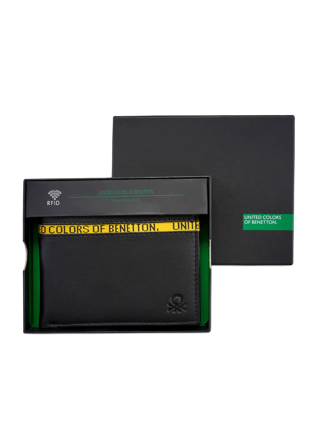 

United Colors of Benetton Men Typography Printed Leather Two Fold Wallet, Black