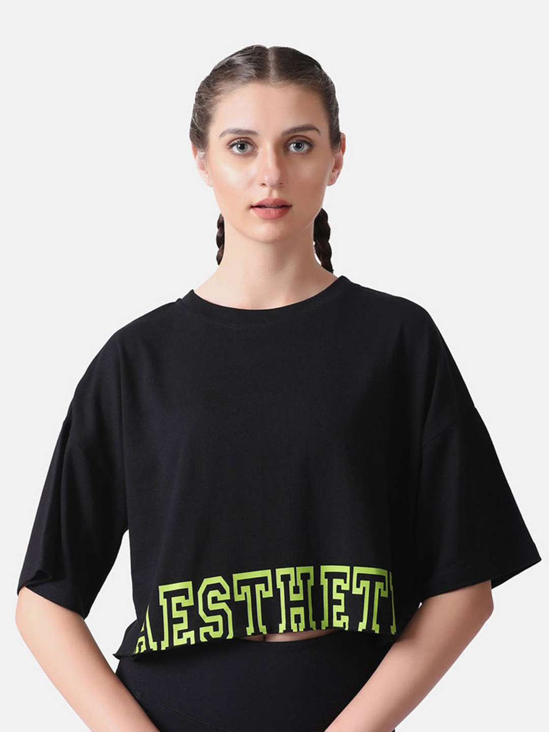 

Aesthetic Bodies Typography Printed Drop Shoulder Sleeves Cotton Crop T-shirt, Black
