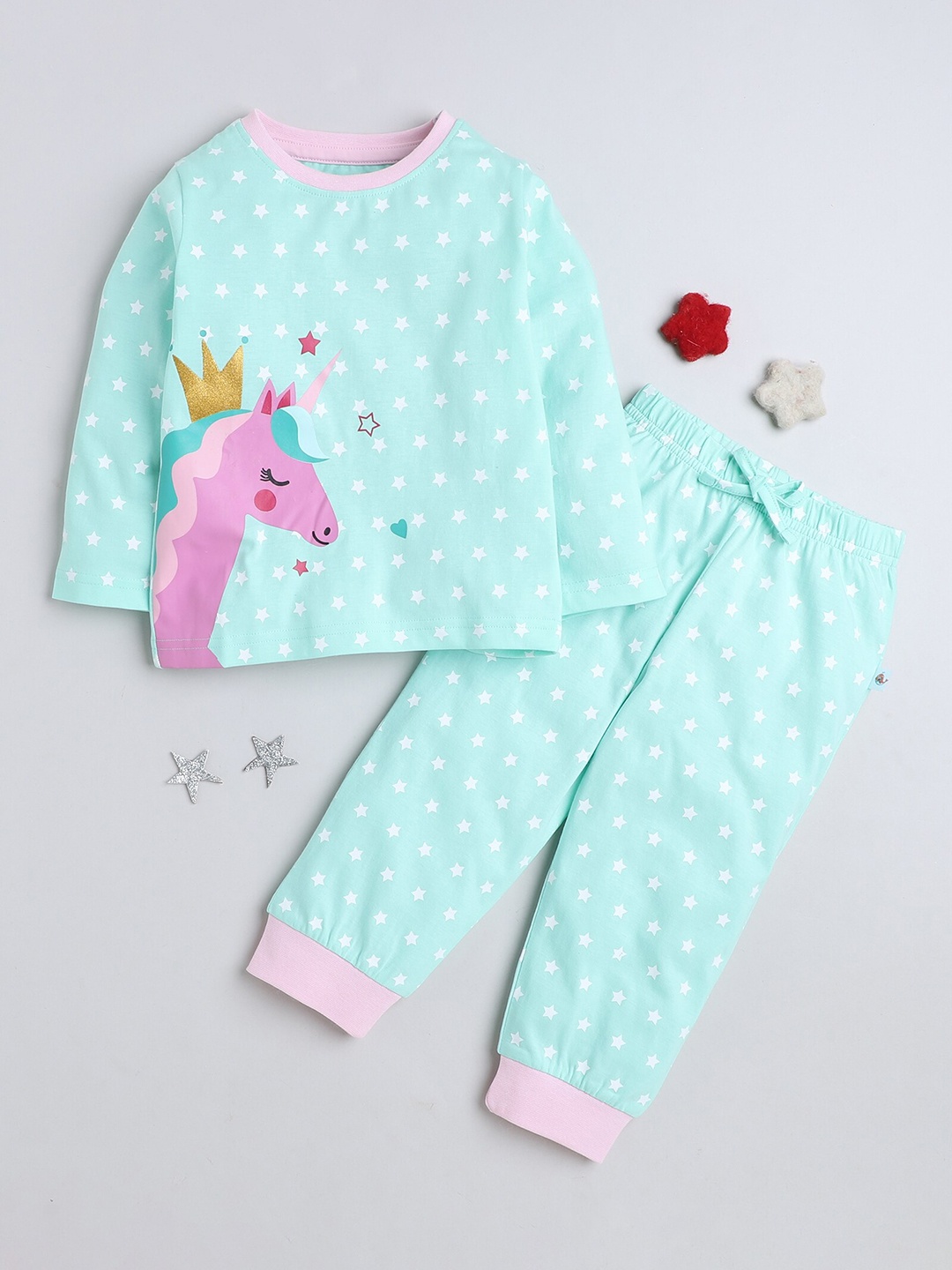 

BUMZEE Girls Graphic Printed Pure Cotton Night suit, Green