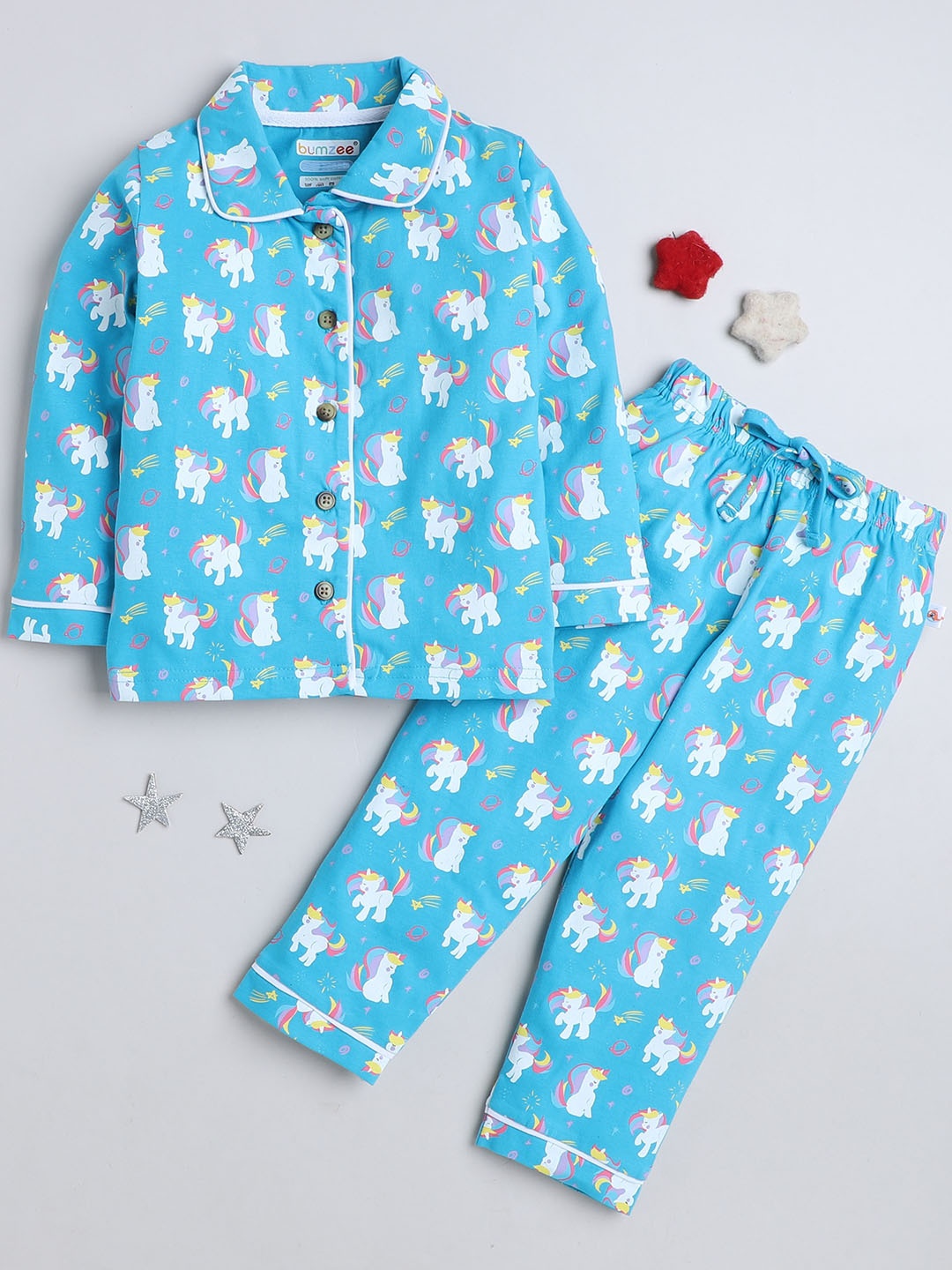 

BUMZEE Girls Conversational Printed Shirt Collar Pure Cotton Night suit, Blue