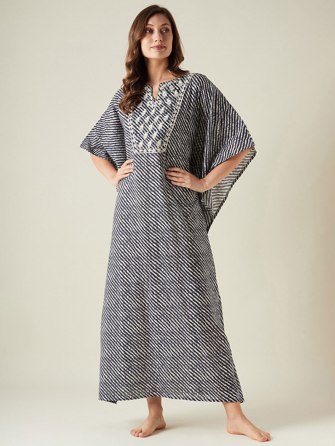 

The Kaftan Company Leheriya Printed Embroidered Pure Cotton Maxi Kaftan Nightdress, Blue